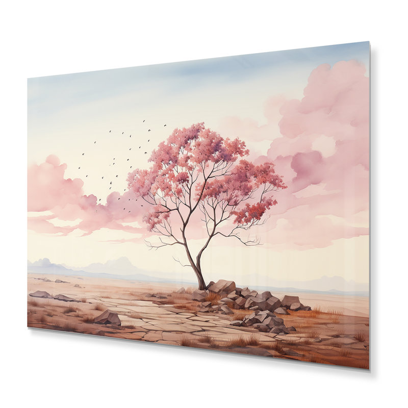 Art mural en métal «Minimalisme rose arbre solitude III», H 12 po x l 20 po x P 1 po