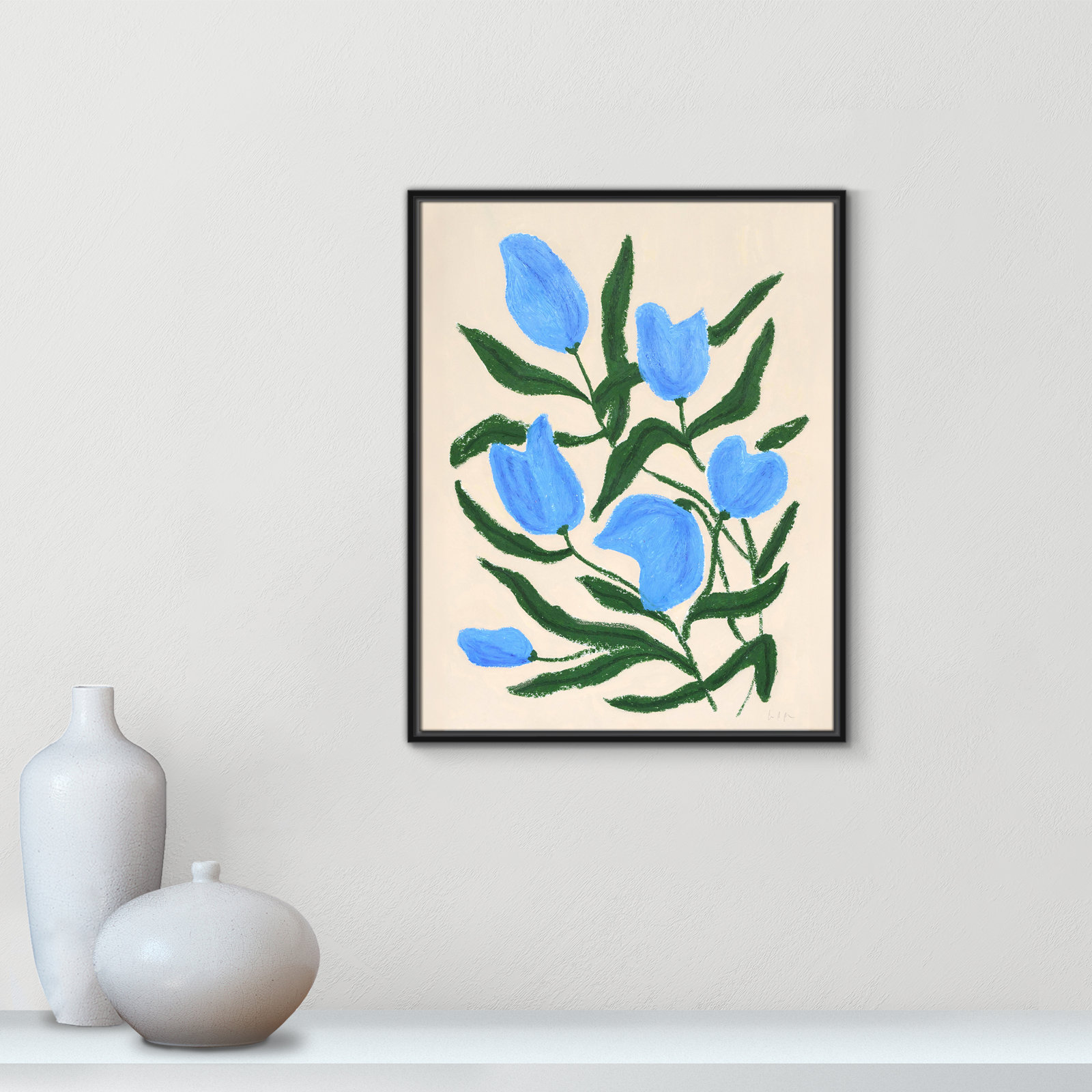 Blue Tulips Print by Camilla Bergqvist, 29.5" H x 23.5" W, Black