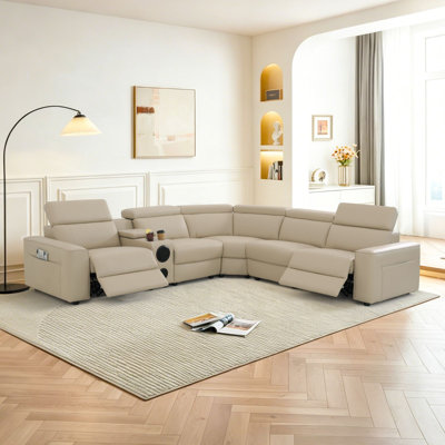 6-Pieces Top Breathable Leather Power Reclining Sectional With Multifunction Control Panel,Power Headrests, Storage Console, LED Lighting & Bluetooth Speakers