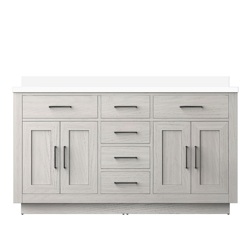 Meuble-lavabo double 60 po x P 60 po en chêne blanc avec cadre en bois massif à quartz, fermeture en douceur 22 comptoirs, rangement pour évier