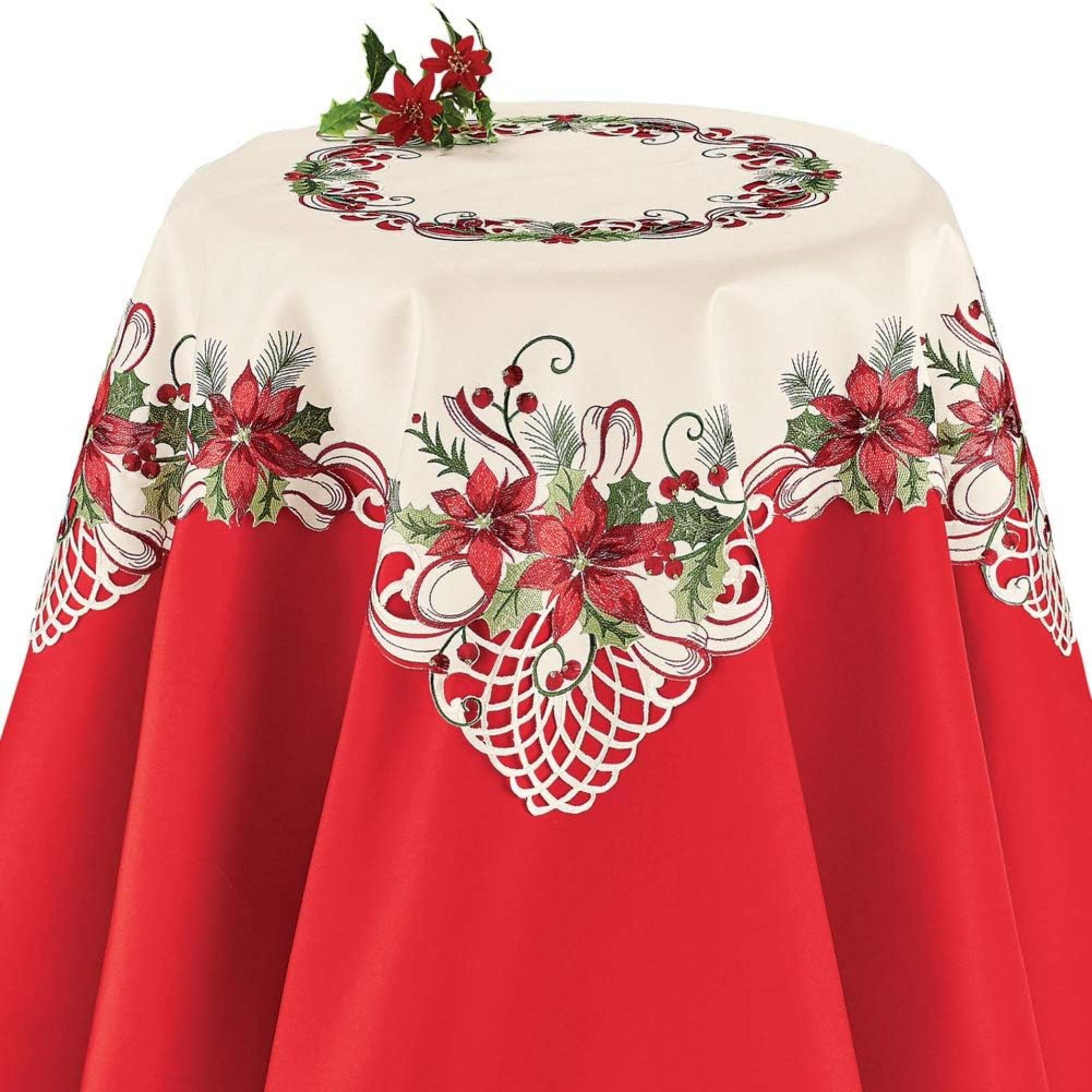 The Holiday Aisle® Pretty Poinsettia & Berries Christmas Table Linens, Square | Wayfair