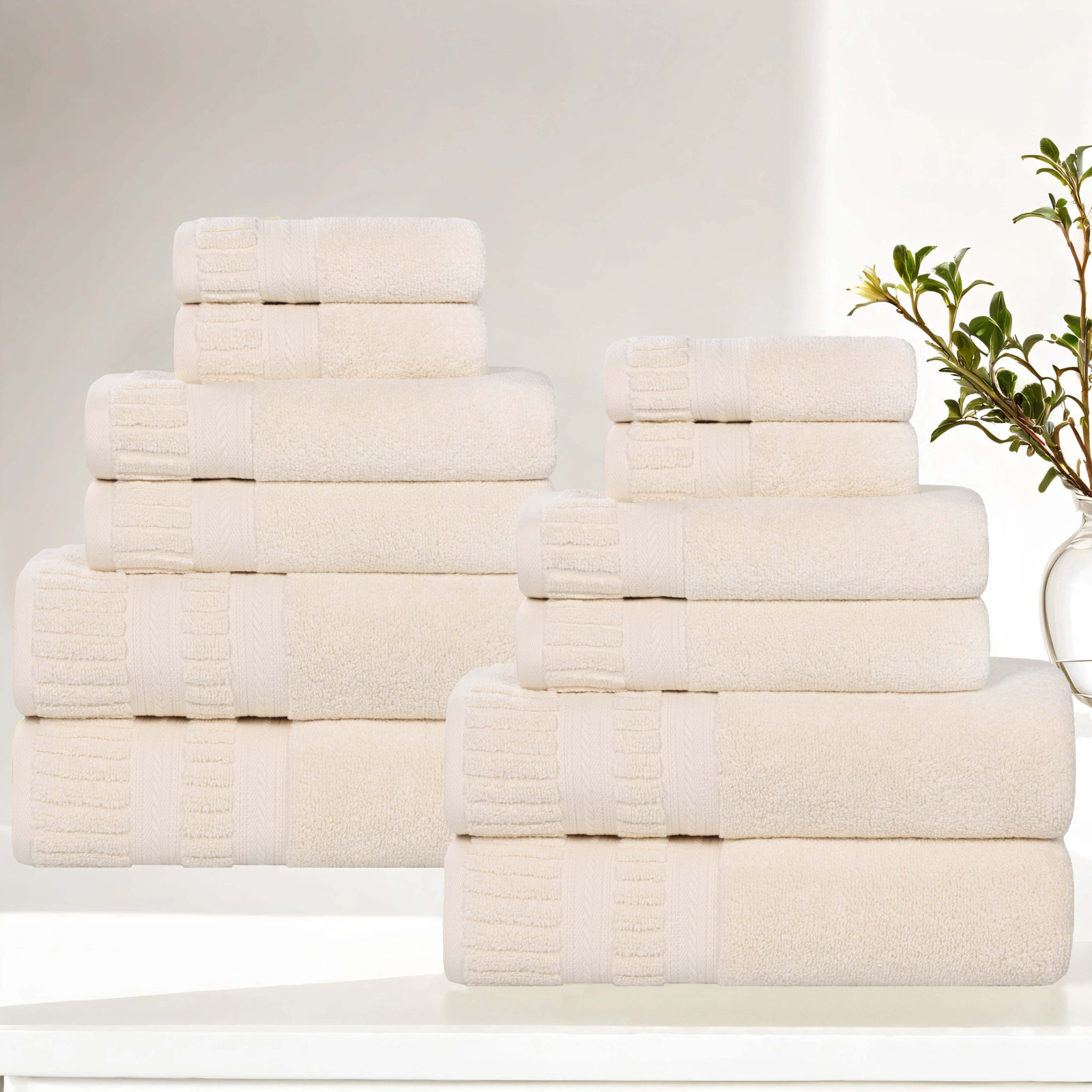 Zero-Twist Cotton Towel Set, 12 Piece Towel Set, Ivory