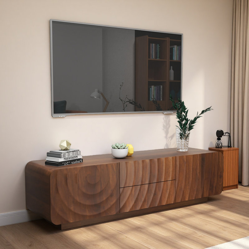 Console de 58,3 po avec design en spirale unique et moderne avec armoire de rangement et meuble télé 2 tiroirs pour le salon