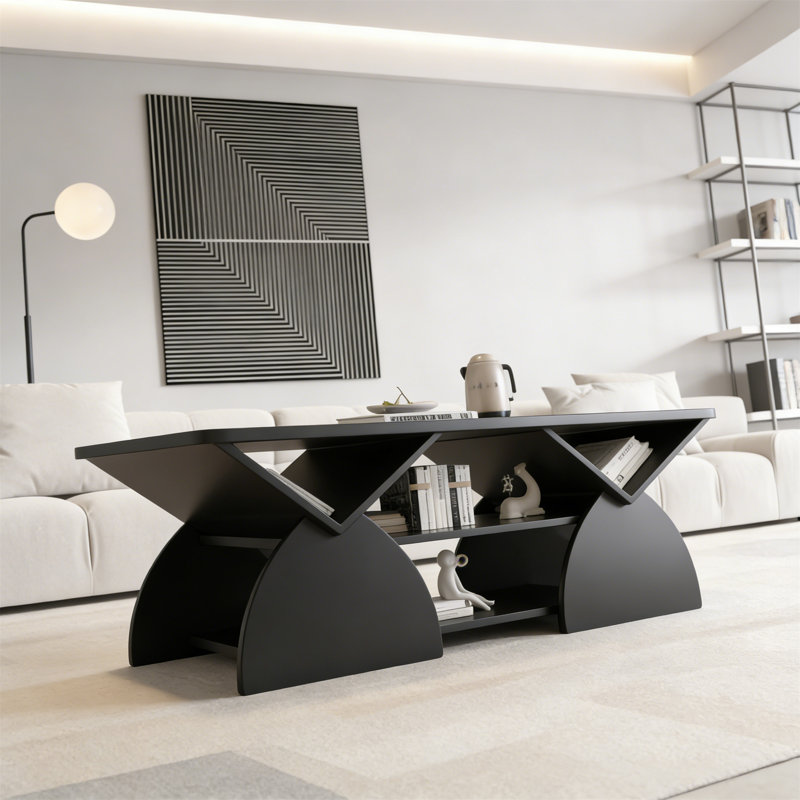 Table basse moderne moderne avec tablettes ouvertes - Bois d'ingénierie, coins arrondis, conception géométrique pour le salon ou la réception