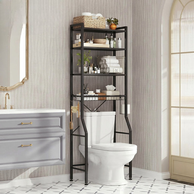 68" Industrial Over-the-Toilet Storage Rack, 4-Tier Space-Saving Bathroom Organizer with Manufactured Wood Shelves and Metal Frame, Black
