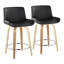 Tabouret de bar pivotant à hauteur fixe de 61 cm (24 po) de style moderne du milieu du siècle, en bois de zèbre et similicuir noir, avec repose-pieds rond en métal chromé - Ensemble de 2-134889570