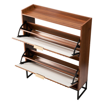 Meuble à chaussures en noyer cannelé de style milieu du siècle, 2 tiroirs rabattables, gain de place, étagères ajustables, meuble indépendant élégant pour le salon ou l'entrée.