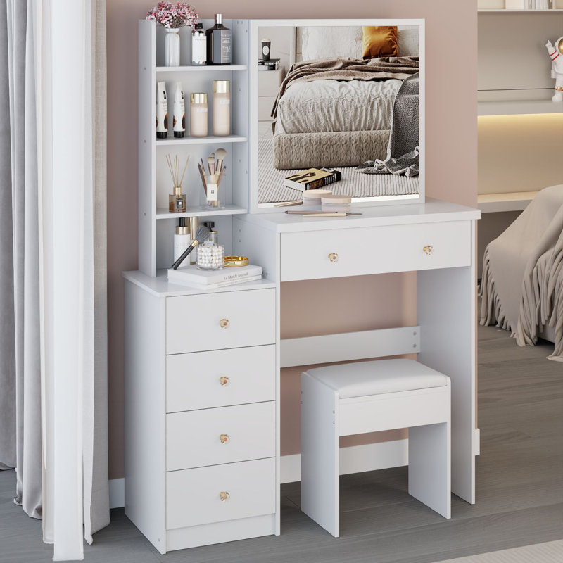 Armoire de chevet gauche de 37 pouces de taille moyenne avec coiffeuse, tabouret rembourré, très grand miroir coulissant à droite, rangement multi-couches à grande capacité, commode pratique et tendance pour les grands espaces