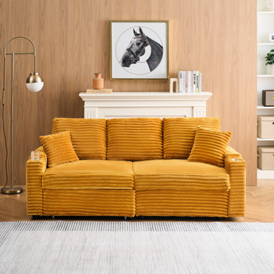 80-Inch Modern Orange Corduroy With Three Seats, Pull-Out, Foldable Reclining, Cup Holder, And Two Pillows For A Cozy Nest , Corduroy, Relaxing