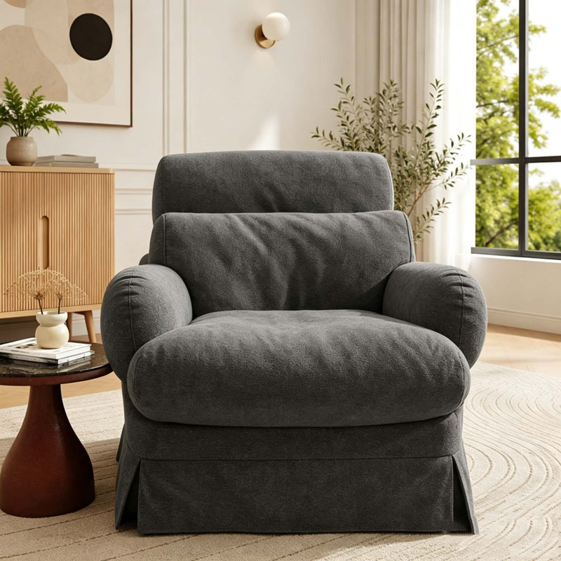 Chaise d'appoint minimaliste avec revêtement en chenille douce et structure en bois massif, Grey Chenille