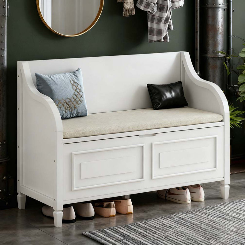 Banc de rangement multifonctionnel avec charnière de sécurité en bois massif, Blanc