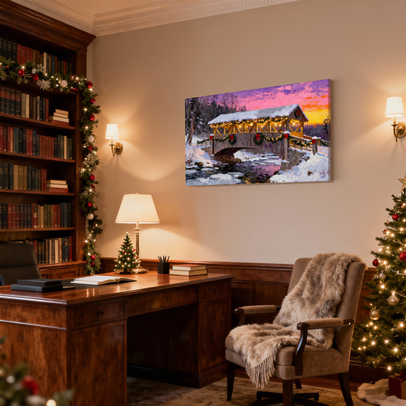 Pont couvert de neige de Noël au coucher du soleil avec lumières de Noël, ensemble de 3 impressions sur toile
