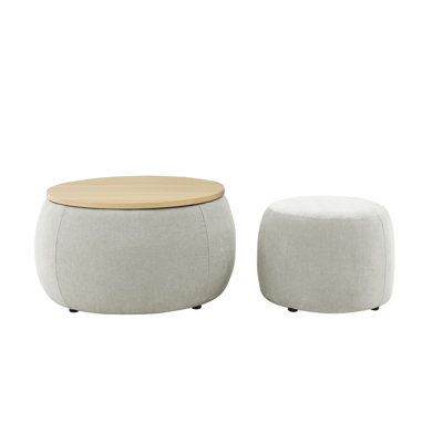 Round Storage Ottoman, 2 In 1 Function, Work As End Table And Ottoman,With Small Seat
