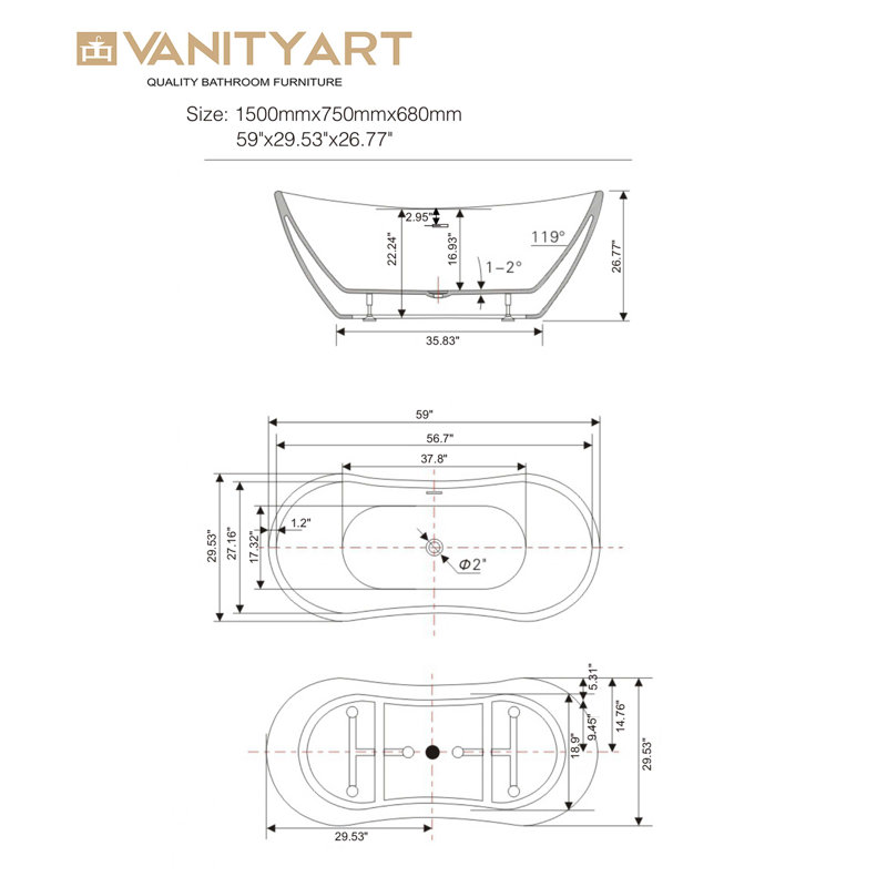 Vanity Art 59" Freestanding Acrylic Soaking Bathtub with Center Drain - White, White/Titanium Gold