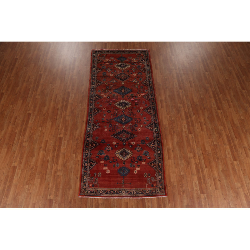 Tapis de couloir géométrique rouge Viss Persian Design noué à la main 4 x 11