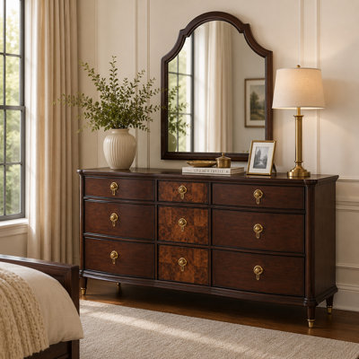 Commode Raam, 9 tiroirs, pieds dorés, brun cerise foncé