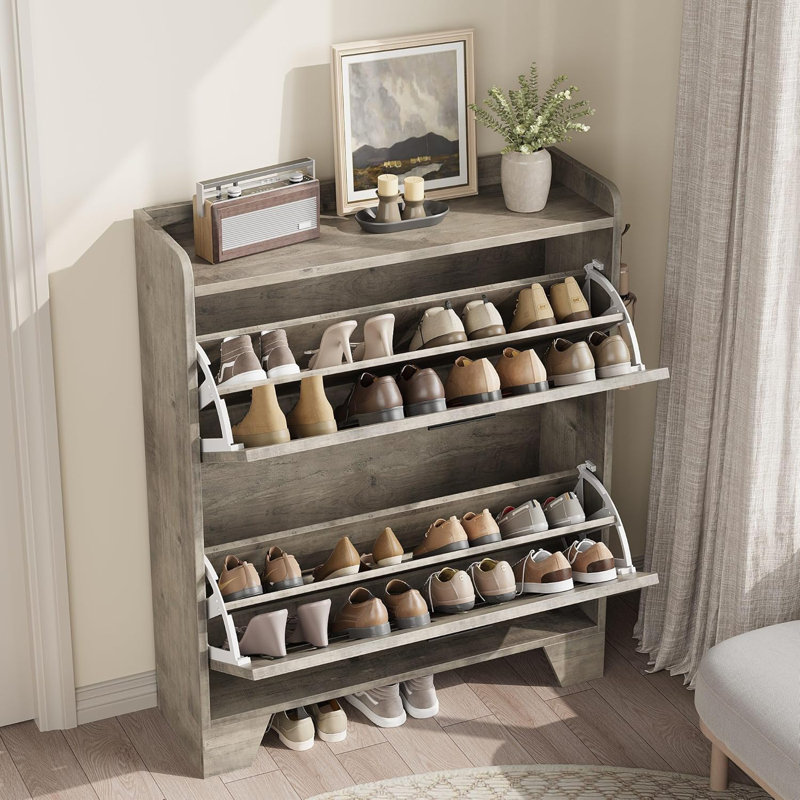 Shoe Cabinet Storage For Entryway, Narrow Shoe Cabinet With 2 Flip Drawers, Freestanding Hidden Slim Shoe Organizer Cabinet With Hooks For Foyer, Hallway, Garage