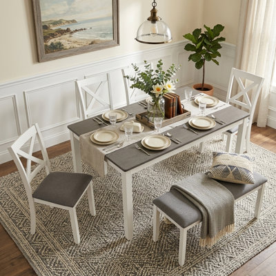 Ensemble de salle à manger 6 pièces en bois deux tons avec banc, design moderne