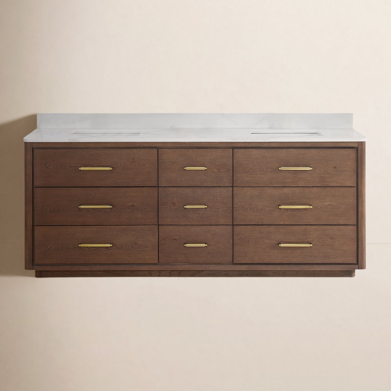 Meuble-lavabo double autoportant 84 po avec plateau en quartz Calacatta Porto, Chêne brun foncé, Or