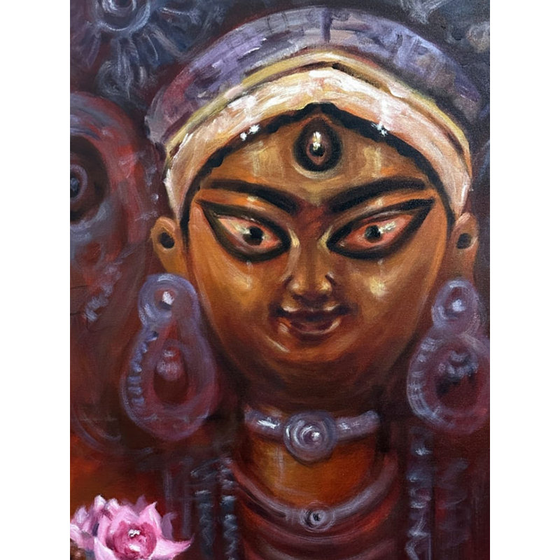 «Devotee of Goddess Durga», peinture acrylique sur toile - 36 po x 30 po, art mural spirituel par Jugal Sarkar, décoration religieuse indienne vibrante