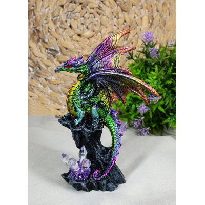 Iridescent Green Purple Dragon Perching On Cliff Rock With Crystals Figurine