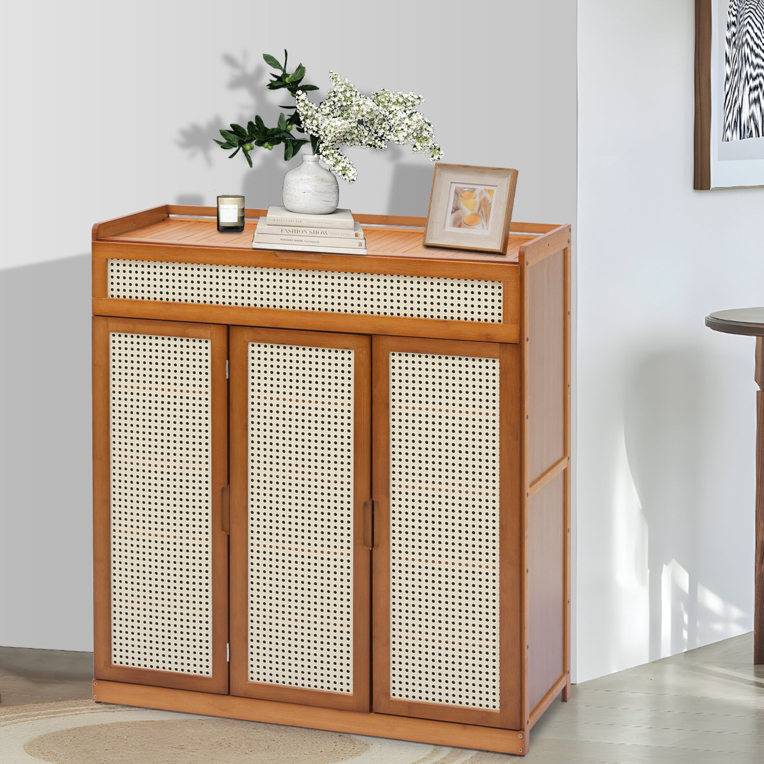 Bay Isle Home Gertude Entryway 4 Tiers Rayon from Bamboo Shoe Storage Rack Cabinet with Flip Drawer | Wayfair