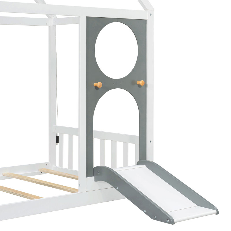 Lit simple avec glissade, bande lumineuse en forme de boule, lit plateforme en bois avec façade, panneau d'ameublement amusant