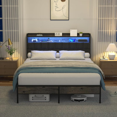Cadre de lit avec tête de lit ergonomique multi-espaces et lumières à DEL RVB