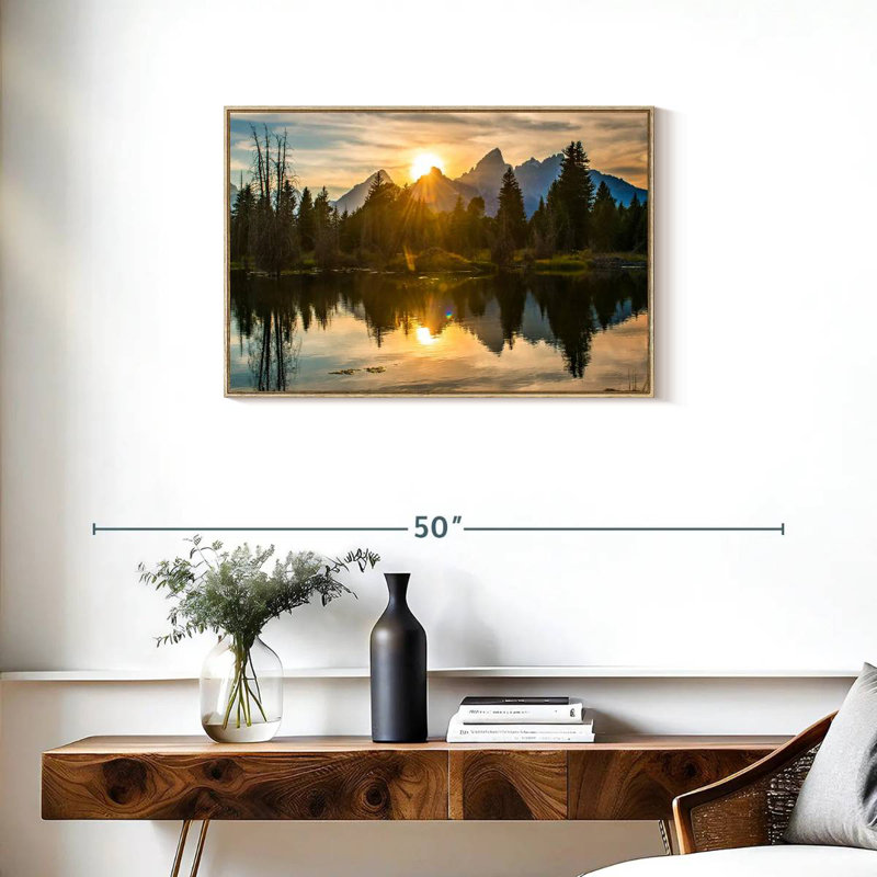 Coucher de soleil spectaculaire sur Grand Teton, Cadre flottant en bois naturel, 31 po x 21 po