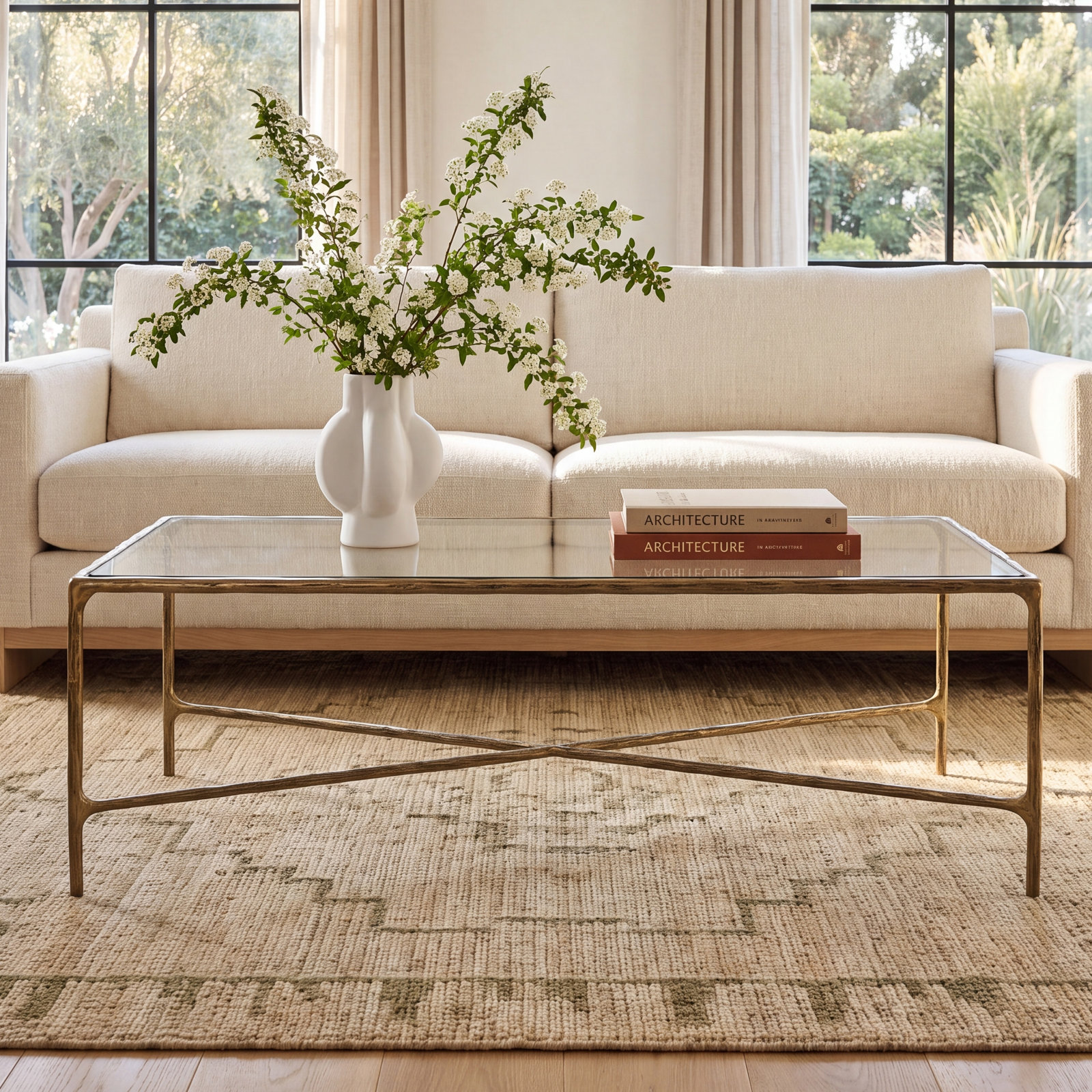 Evelynn 48" Coffee Table, Brass, Clear