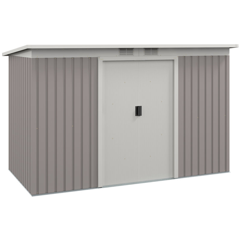 Light Grey 9 X 4ft Corrugated Galvanised Steel Garden Storage Shed, Outdoor Tool Shed With Sliding Lockable Doors & Vents