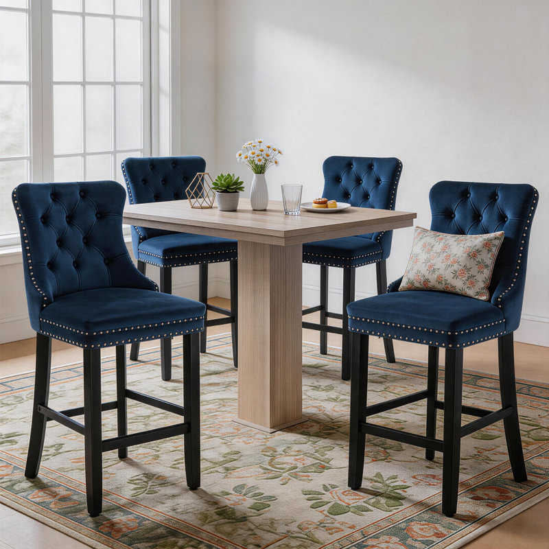 Velvet Upholstered Bar Stool with Button Tufted Back (Set of 4), Navy/Black