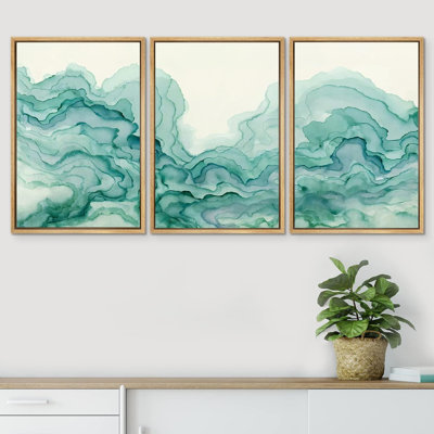 Smoke Effect " IDEA4WALL Framed Canvas Print Wall Art Set Vibrant Teal Smoke Geometric Collage Abstract Shapes Illustrations Modern Art Decorative Nordic Zen Chic For Living Room, Bedroom, Office " 3 - Pieces
