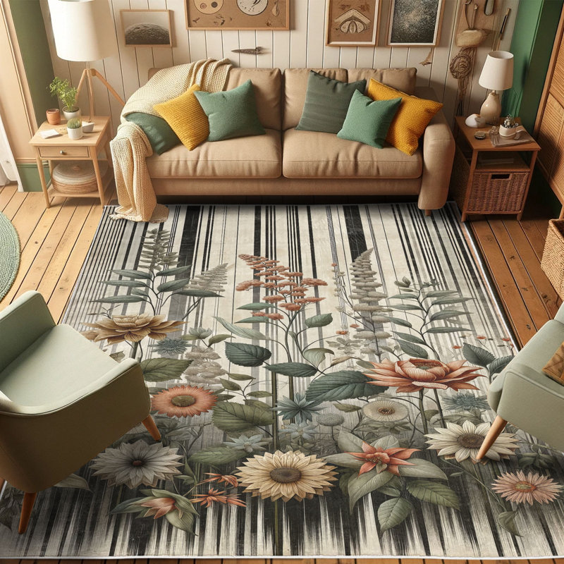 Botanical Garden Pattern Blue Synthetic Area Rug 5' 1" x 7' 5"