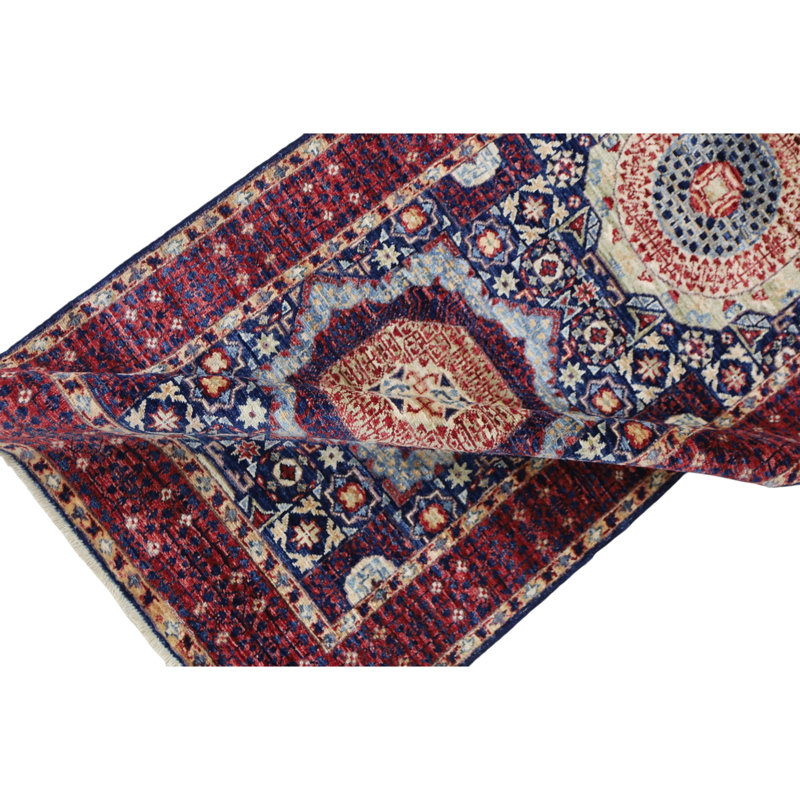 Hand Knotted Wool Area Rug in Navy And Red