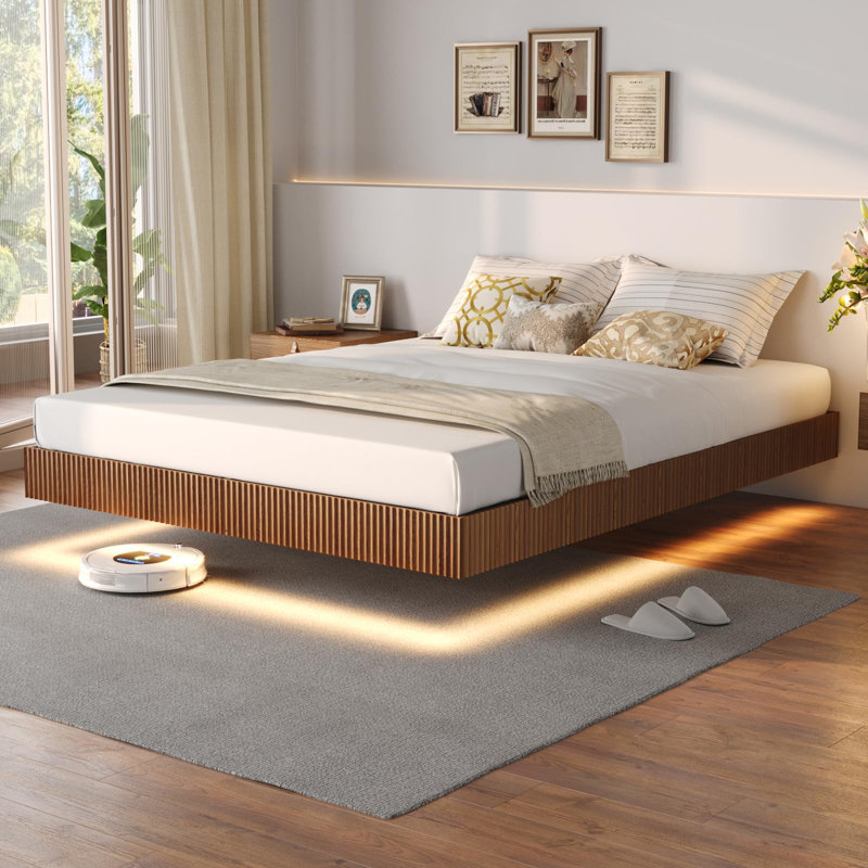 Queen Floating Bed Frame With Led Lights, Fluted Bed Frame Floating, Walnut