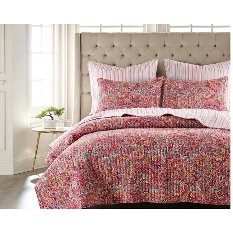 Ensemble de courtepointe réversible en coton rose / rouge 3 pièces