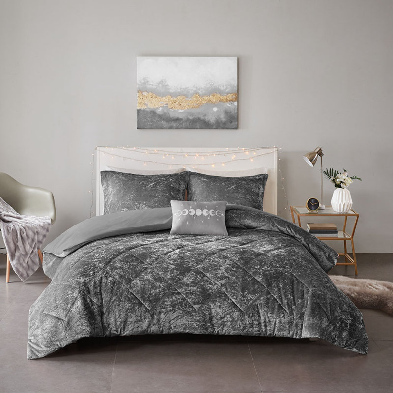 Ensemble de housse de couette en velours double / grand avec coussin décoratif, Gris