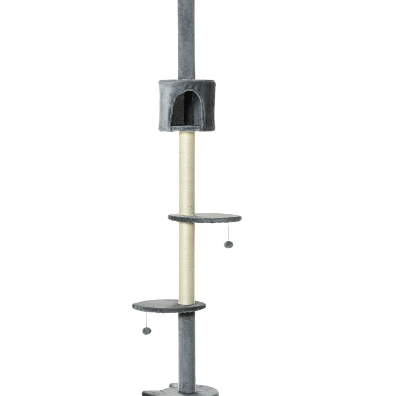 Centre d'activités 85,5 po pour chat à hauteur réglable avec poteau à griffes et boules suspendues. Doux et confortable. Gris. Arbre d'escalade de 10 lb solide et confortable. Petit