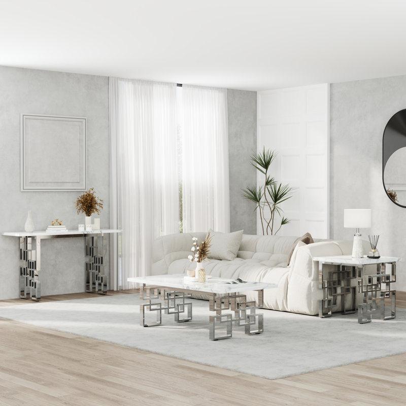 Ensemble de table basse de salon 2 pièces en faux marbre et argent avec console, 2 pièces: table basse, console