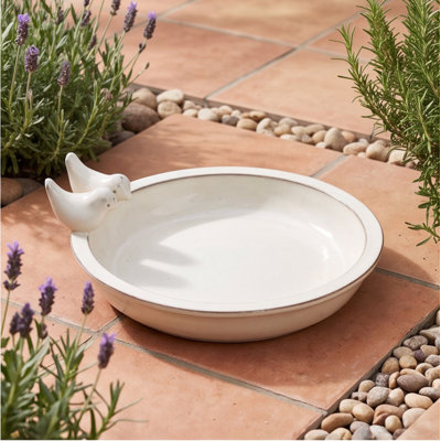 Handmade Ceramic Bird Bath, 11.8-Inch Cream White Outdoor Birdbath with Vintage Bird Accents – Garden and Patio Decor, Wild Bird Waterer