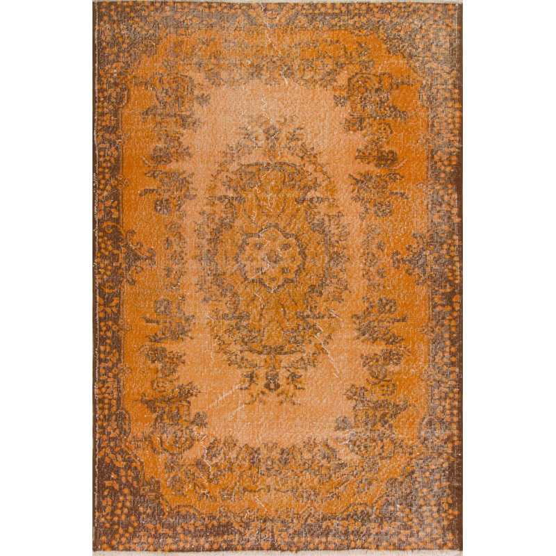 Tapis turc moderne fait à la main de couleur orange avec motif de médaillon 4 x 7,4 pi