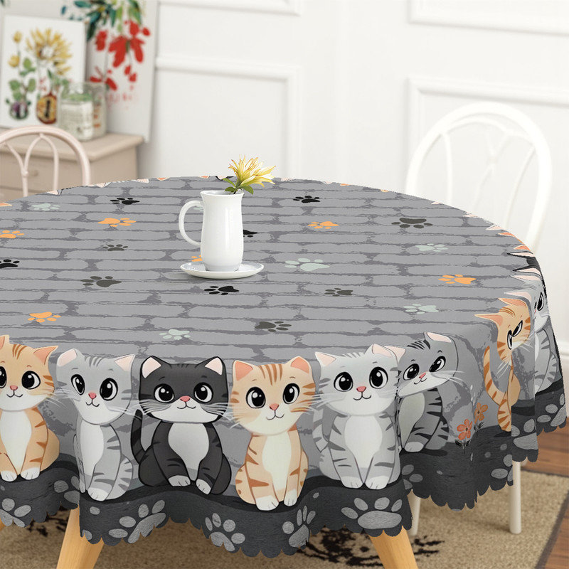 Cartoon Cat Design Washable Gray Polyester Tablecloth