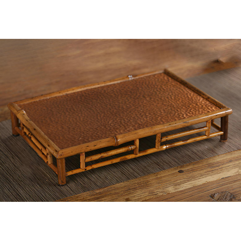 Vintage Elegance · Handmade Hammer Patterned Copper Tea Table | Bamboo Teapot Tray | Household Dry Brewing Plate And Tea Set Storage Plate