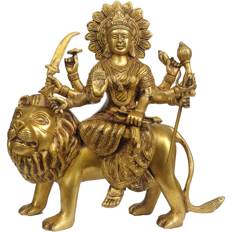 Statue en laiton de 10 po Sheran-Wali Mata Durga fabriquée à la main - Déesse du Guerrier montée sur le lion, Idole de la divinité complexe, Accent de qualité supérieure pour l'autel domestique et décoration puissante