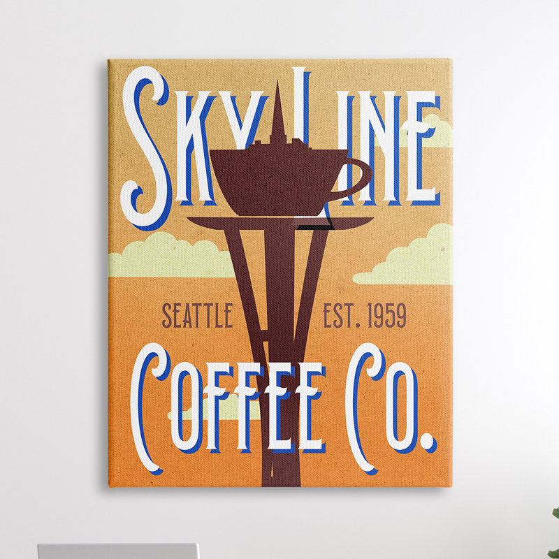 «Retro Sky Line Coffee Co., Seattle Cup Needle, Canv», art textuel sur toile tendue, H 48 po x l 36 po, Toile tendue