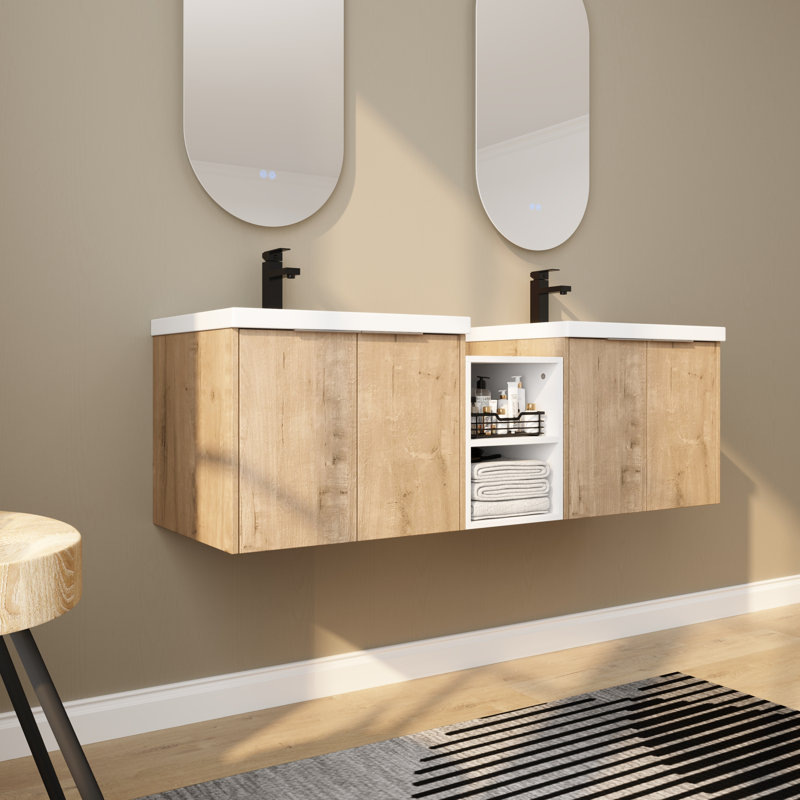 Ensemble de meuble-lavabo double 60 po avec lavabos en céramique 60 po - 2 x 24 po + armoire de rangement 12 po | Solution de rangement spacieuse pour salle de bain