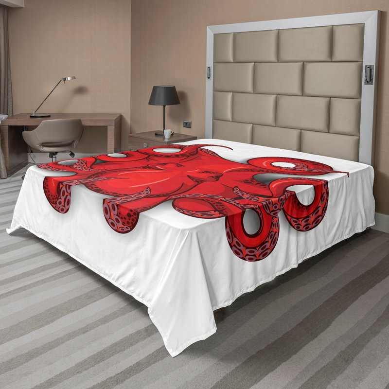 Drap plat Ambesonne Kraken avec pieuvre rouge marine, Drap plat pour très grand lit californien
