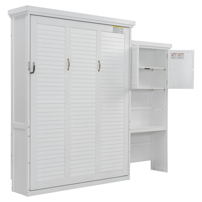 Grand lit escamotable grand avec plusieurs tablettes de rangement et décoration à persiennes, blanc, Blanc