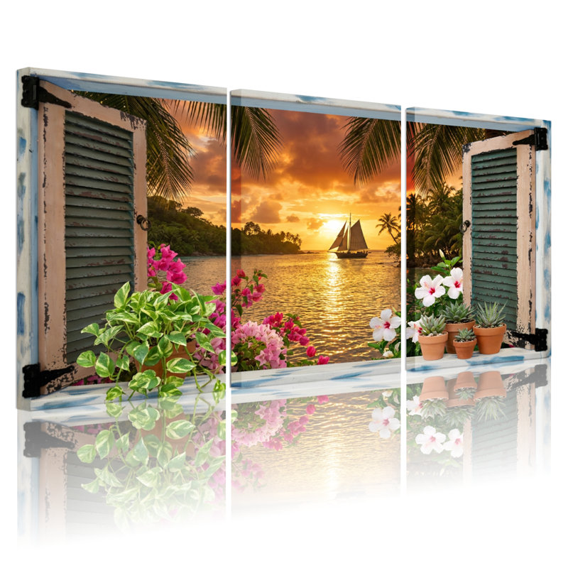Paysage et nature, coucher de soleil tropical, voilier, fenêtre, fleurs, H 36 po x l 72 po